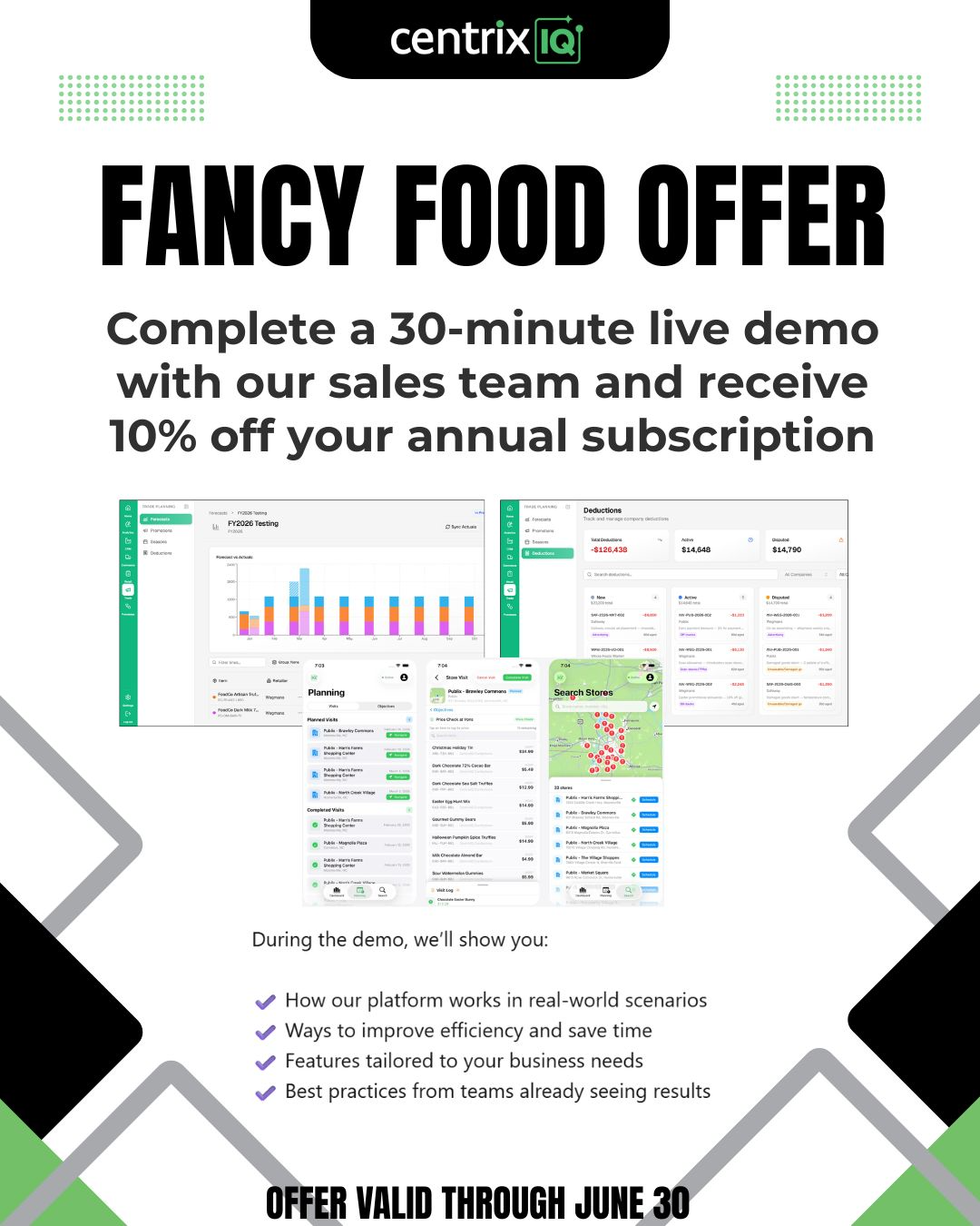 CentrixIQ Fancy Food Show offer — complete a 30-minute demo and receive 10% off your annual subscription